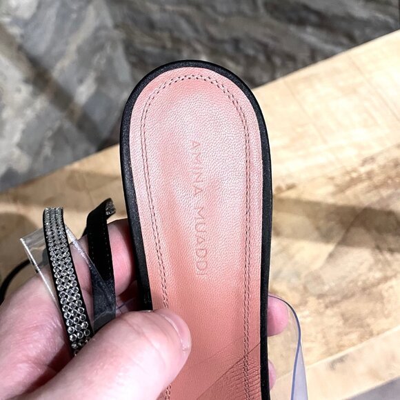 Amina Muaddi Zula Black Satin Clear Rhinestone Thong Heeled Sandals - Picture 10 of 11